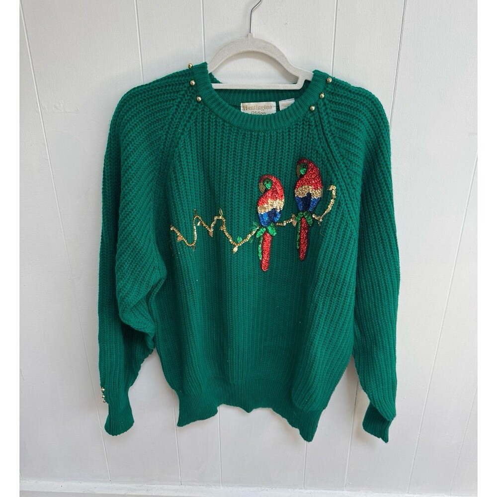 Huntington Ridge Green Sweater Sequined Appliqué Parrot Bird Size Large